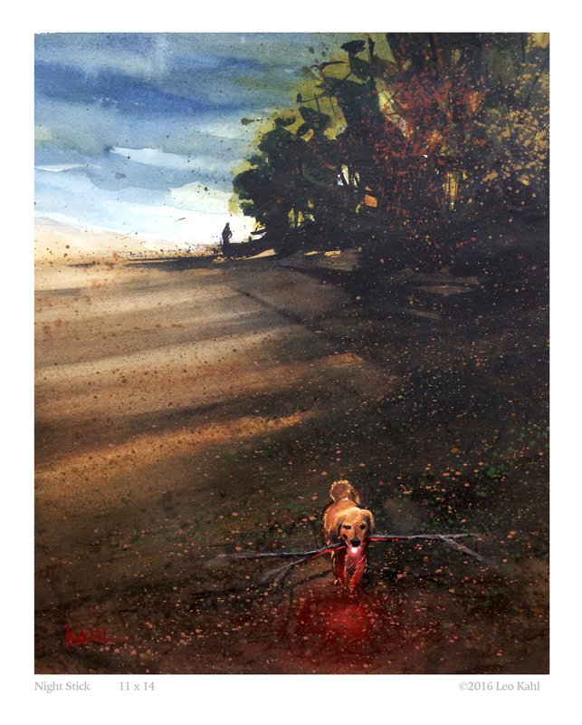 Watercolor painting of a man walking with his dog carrying a stick