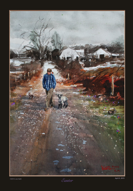 Watercolor painting of a young man walking on Maryland farm with animals around him