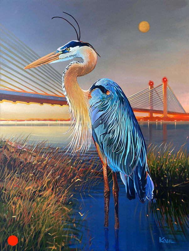 Painting of blue heron with suspension bridge