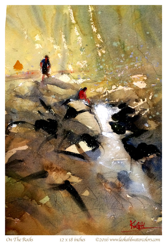 Watercolor painting of a couple sitting alongside a waterfall