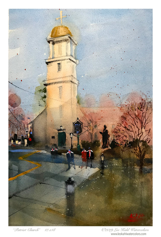 Watercolour painting of an old American church