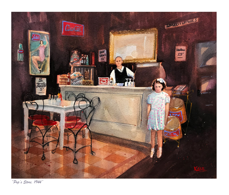 Watercolor painting of a young girl with her father at a small soda shop