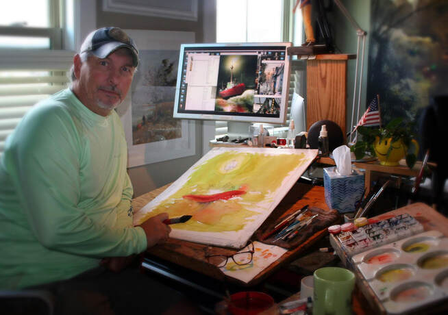 Artist at watercolor desk