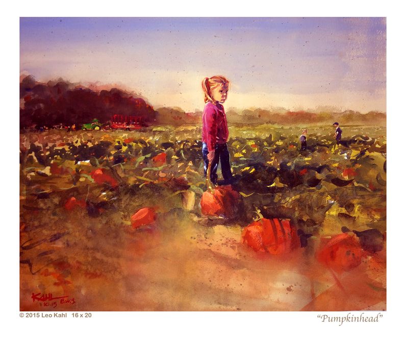 Watercolor painting of a young girl holding a pumpkin in a pumpkin patch