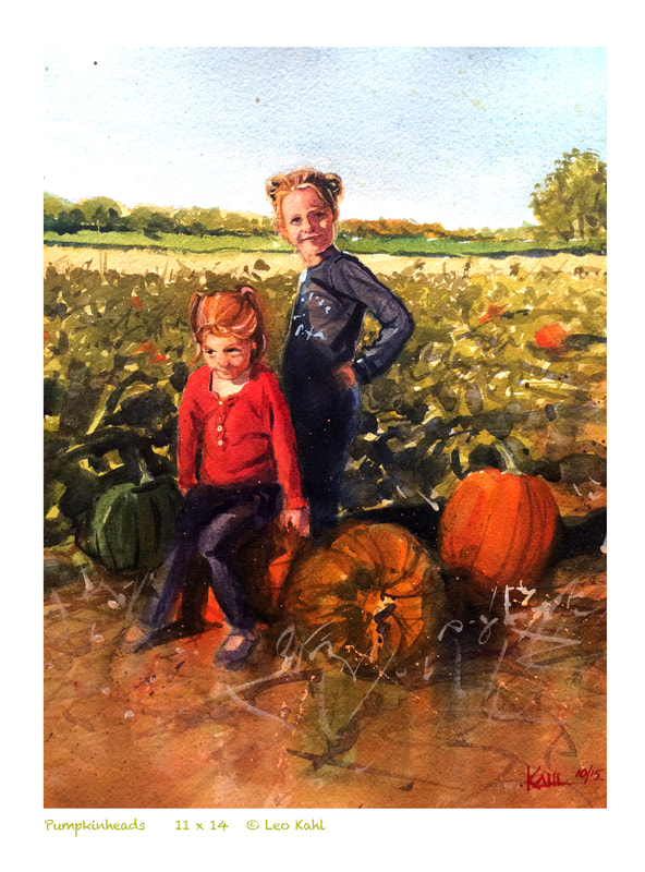 Watercolor painting of two sisters in a pumpkin field