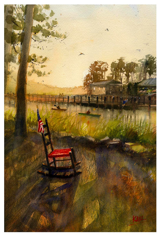 Watercolor painting of a red rocking chair with small American flag along Delaware creek