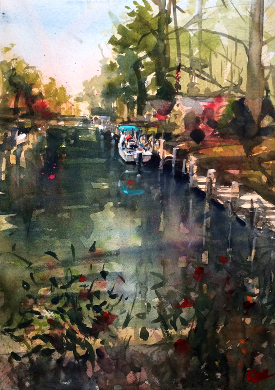 Watercolor painting of a canal in Bethany Beach Delaware with roses
