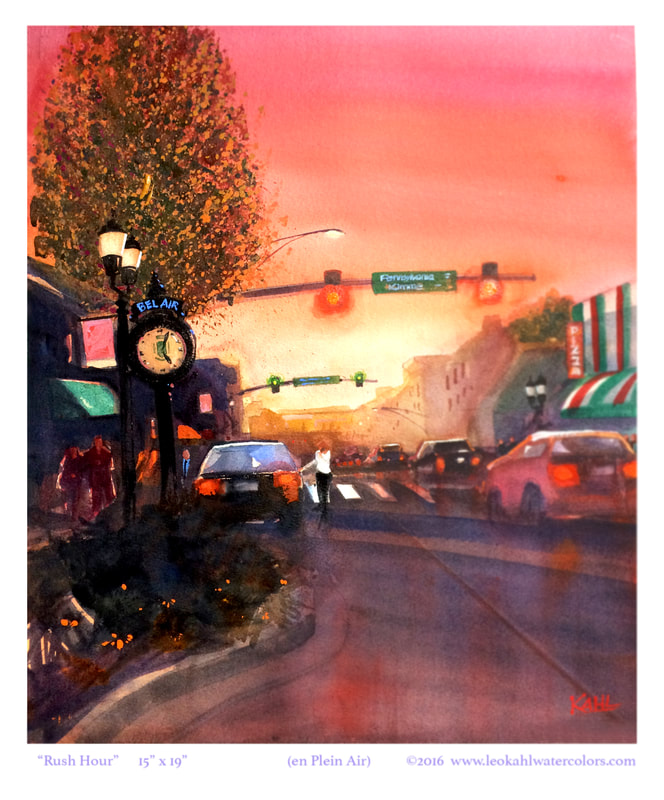 Watercolor painting of Main Street in Bel Air Maryland with girl on phone