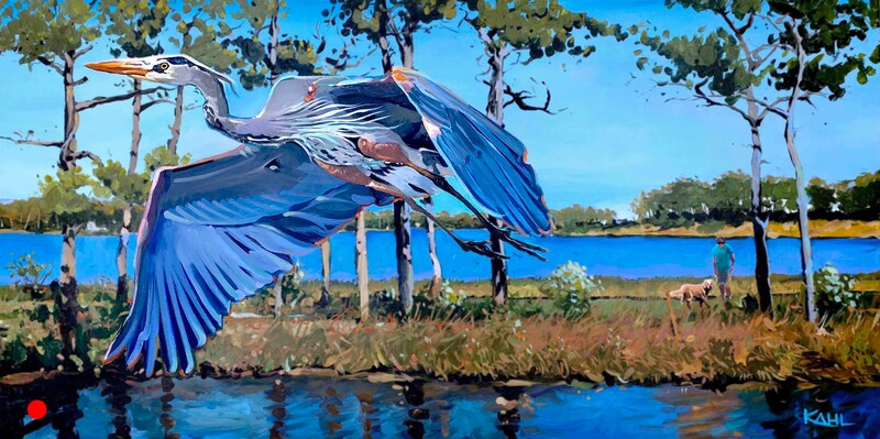 Painting of a large blue heron flying from a marsh