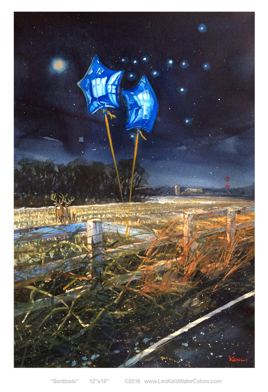 Watercolor painting of blue star shaped balloons  attached to fence in farm field to honor fallen police officers