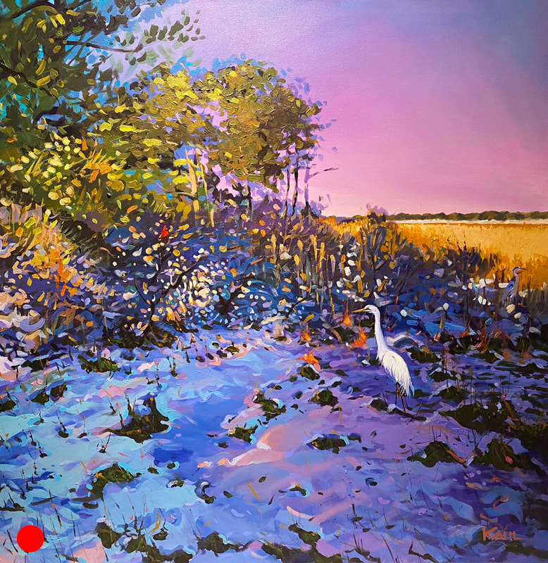 Acrylic painting of a white egret and red cardinal on snow covered evening marsh