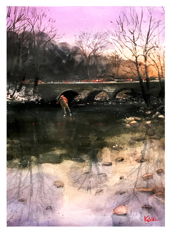 Watercolor painting of of young man ice skating on a dark frozen river