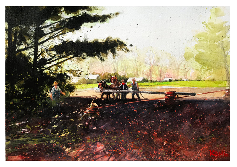 Watercolor painting of farm family removing tree stumps with horses and mechanical device