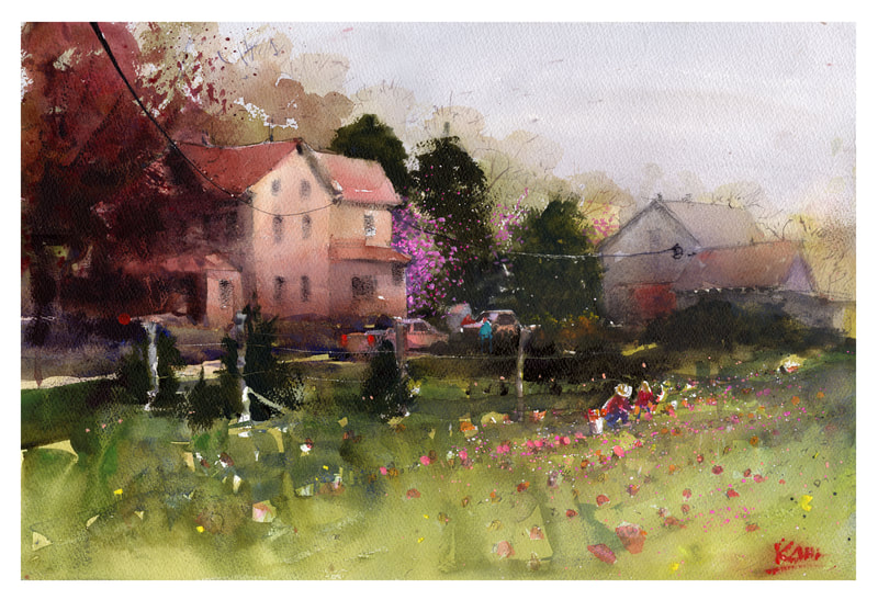 Watercolour painting of Delaware farmhouse with women picking flowers