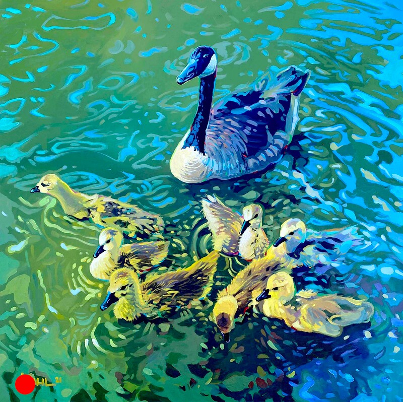 Painting of a mother goose and yellow babies swimming together