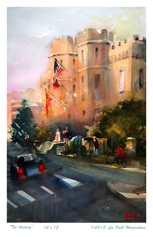 Watercolour painting of old armory building on Main street in Bel Air Maryland