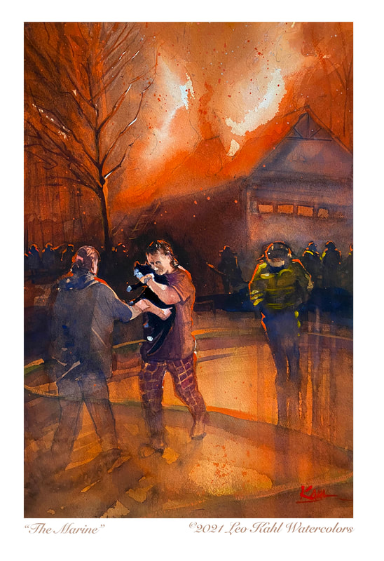 Watercolor painting of a young United States Marine rescuing his cat from a house fire