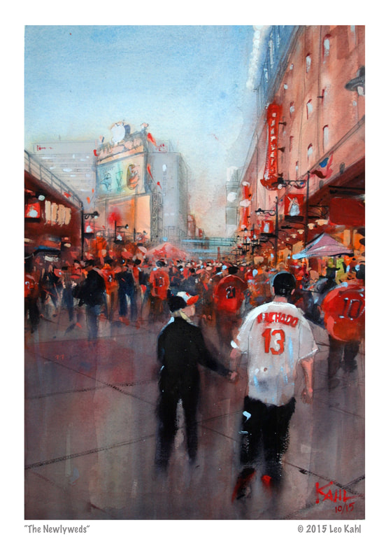 Watercolor painting of young married couple attending Baltimore Orioles Baseball game