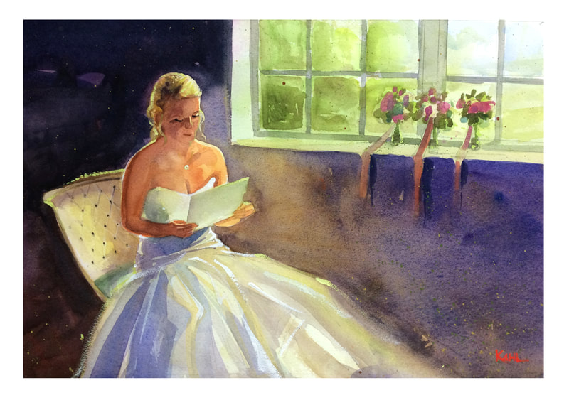 Watercolour painting of young bride reading letter from her fiancé