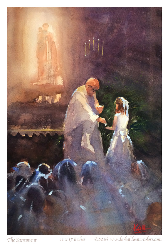 Watercolour painting of young girls at their first communion event