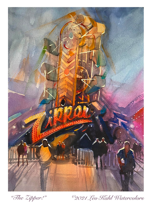 Watercolor painting of an amusement park ride