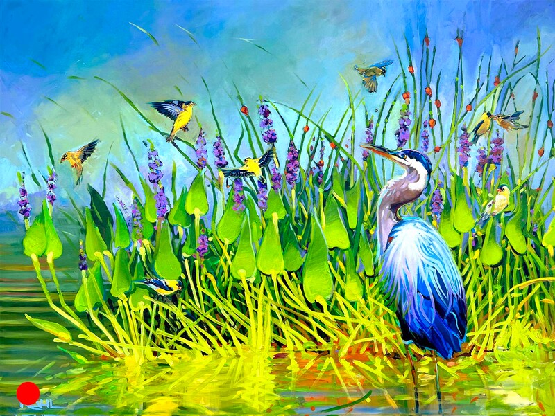 Acrylic painting of a blue heron and bright yellow finches