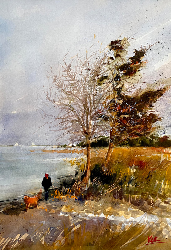 Watercolor painting of a man and his dog walking along the Indian River in Delaware