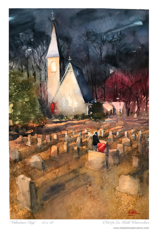 Watercolor painting of church and cemetery with man at gravesite