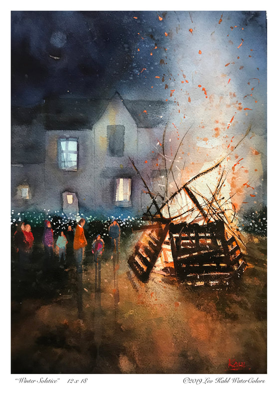 Watercolour painting of bonfire party at night