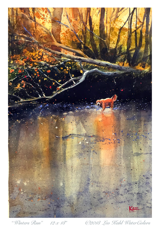 Watercolour painting of a golden retriever playing in creek
