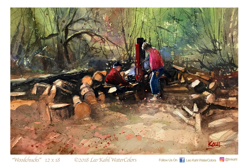 Watercolour painting of elderly couple splitting and collecting firewood