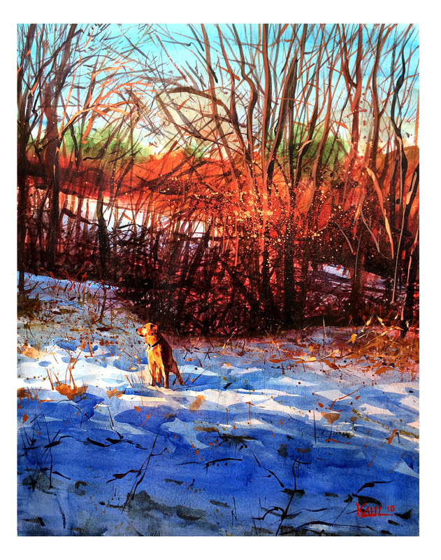 Watercolour painting of golden retriever dog in snow